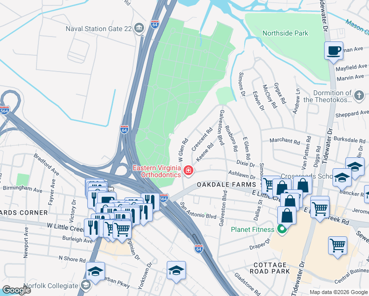 map of restaurants, bars, coffee shops, grocery stores, and more near 8021 West Glen Road in Norfolk