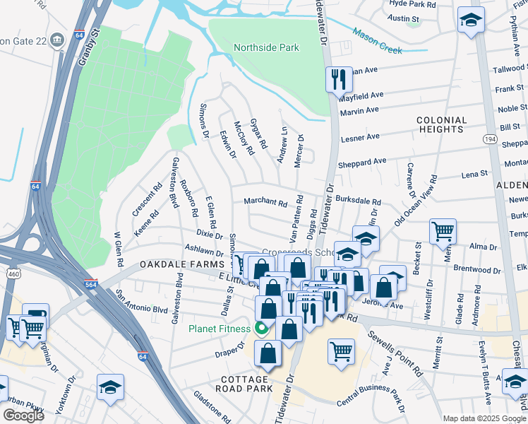 map of restaurants, bars, coffee shops, grocery stores, and more near 512 Leonard Road in Norfolk