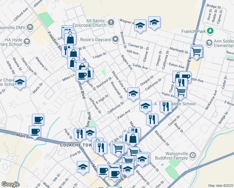 map of restaurants, bars, coffee shops, grocery stores, and more near 2 Roosevelt Street in Watsonville