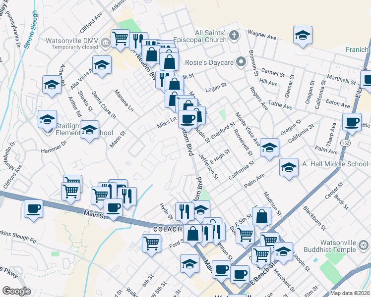 map of restaurants, bars, coffee shops, grocery stores, and more near in Watsonville