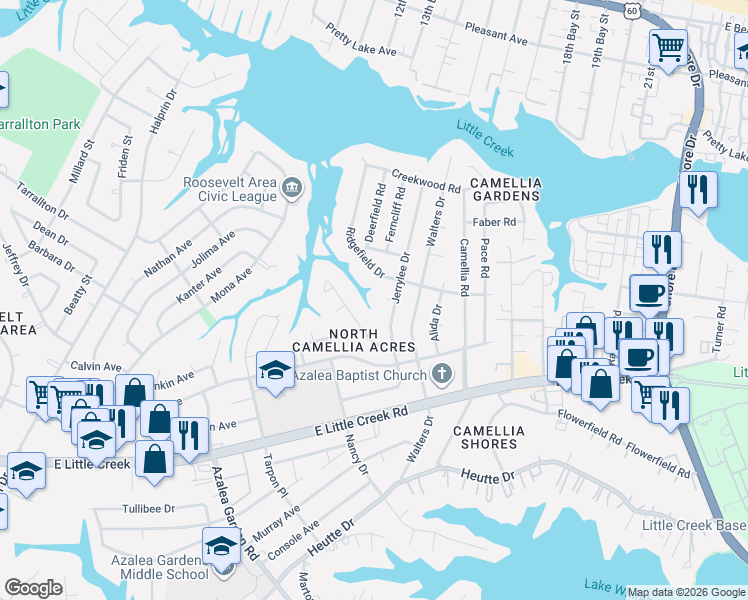 map of restaurants, bars, coffee shops, grocery stores, and more near 8041 Jerrylee Court in Norfolk