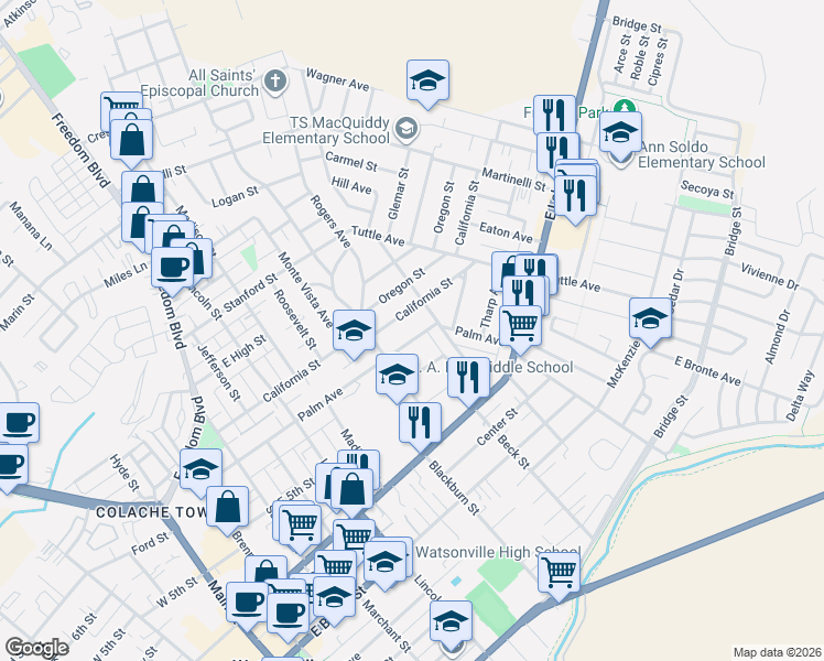 map of restaurants, bars, coffee shops, grocery stores, and more near 532 California Street in Watsonville