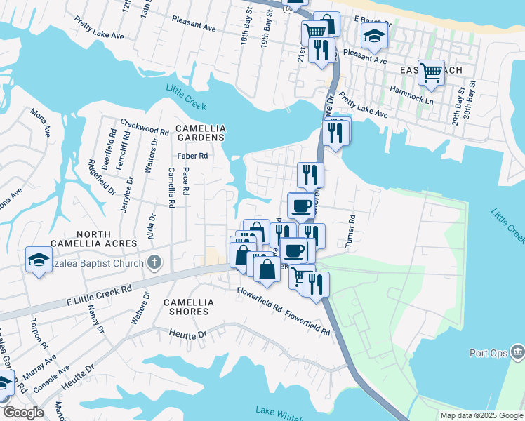 map of restaurants, bars, coffee shops, grocery stores, and more near 8036 Thompson Road in Norfolk