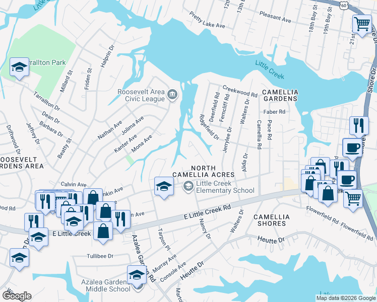 map of restaurants, bars, coffee shops, grocery stores, and more near in Norfolk
