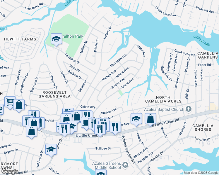 map of restaurants, bars, coffee shops, grocery stores, and more near 8237 Kanter Avenue in Norfolk