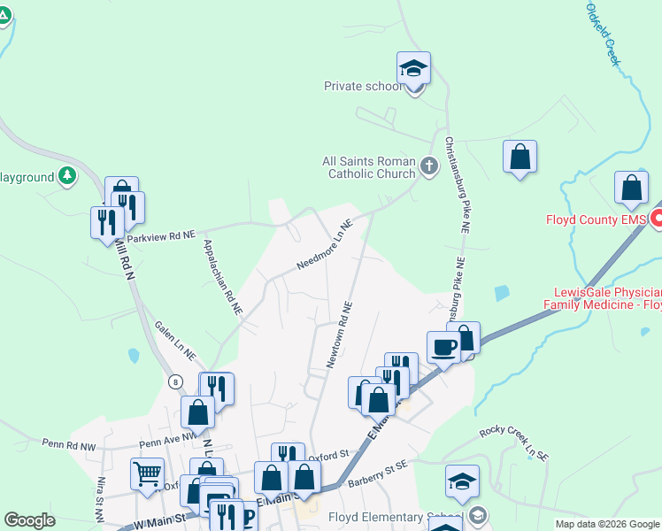 map of restaurants, bars, coffee shops, grocery stores, and more near 388 Needmore Lane Northeast in Floyd