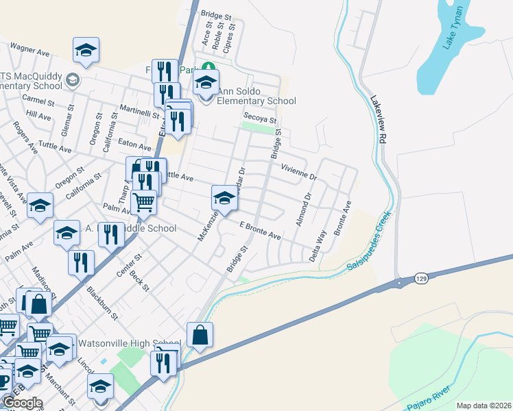 map of restaurants, bars, coffee shops, grocery stores, and more near 501 El Rio Street in Watsonville