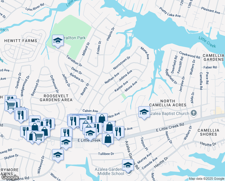 map of restaurants, bars, coffee shops, grocery stores, and more near 8237 Kanter Avenue in Norfolk
