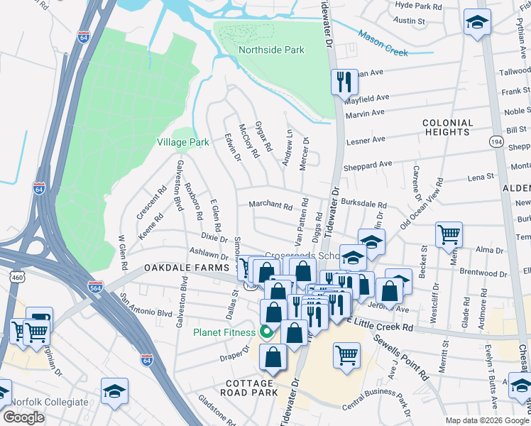 map of restaurants, bars, coffee shops, grocery stores, and more near 527 Marchant Road in Norfolk
