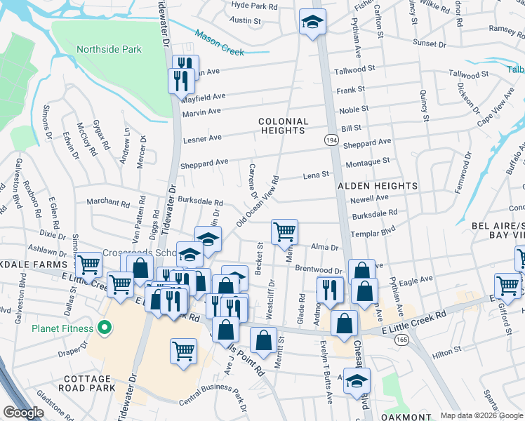 map of restaurants, bars, coffee shops, grocery stores, and more near 8215 Old Ocean View Road in Norfolk