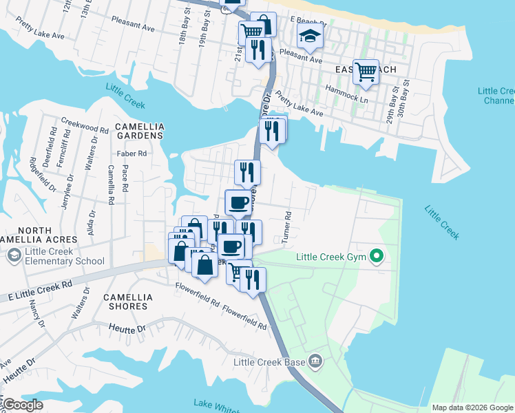 map of restaurants, bars, coffee shops, grocery stores, and more near 7970 Shore Drive in Norfolk