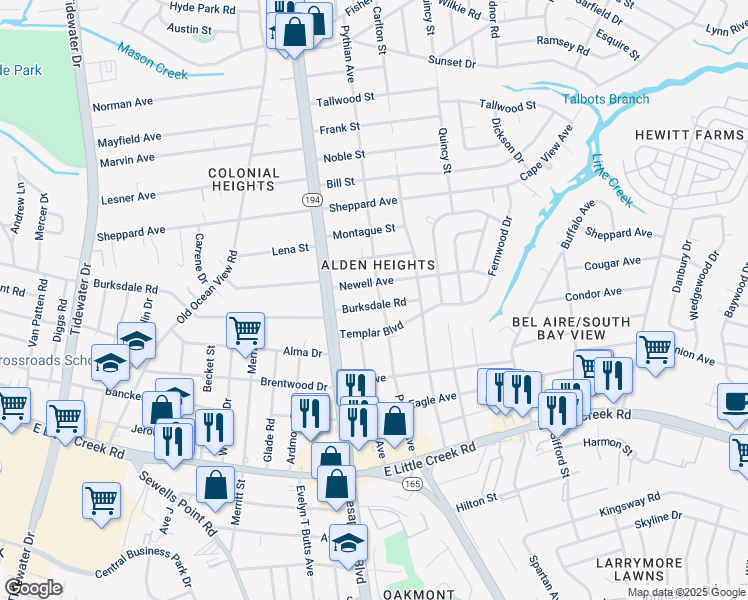 map of restaurants, bars, coffee shops, grocery stores, and more near 1140 Burksdale Road in Norfolk