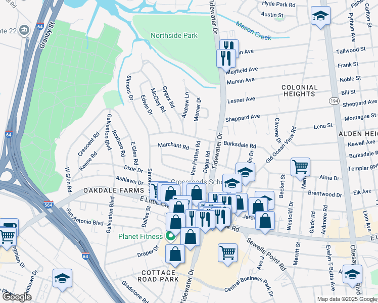 map of restaurants, bars, coffee shops, grocery stores, and more near 563 Marchant Rd in Norfolk