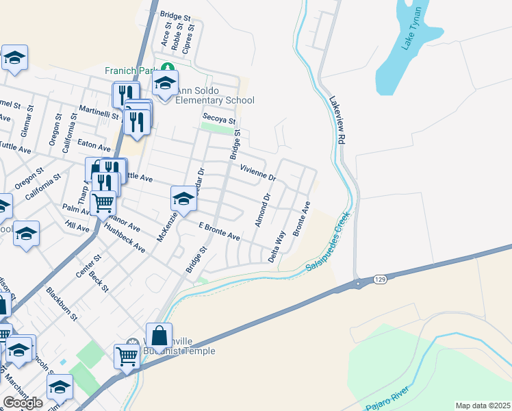map of restaurants, bars, coffee shops, grocery stores, and more near 443 Tuttle Avenue in Watsonville