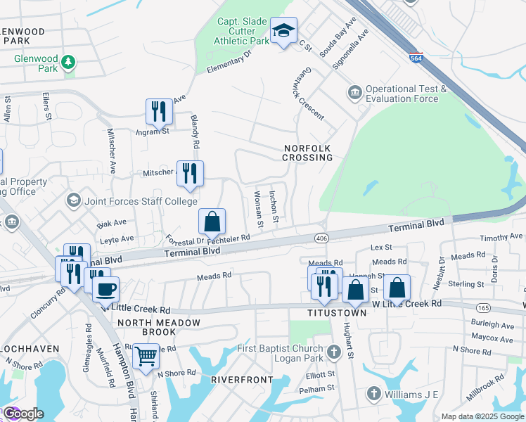 map of restaurants, bars, coffee shops, grocery stores, and more near in Norfolk