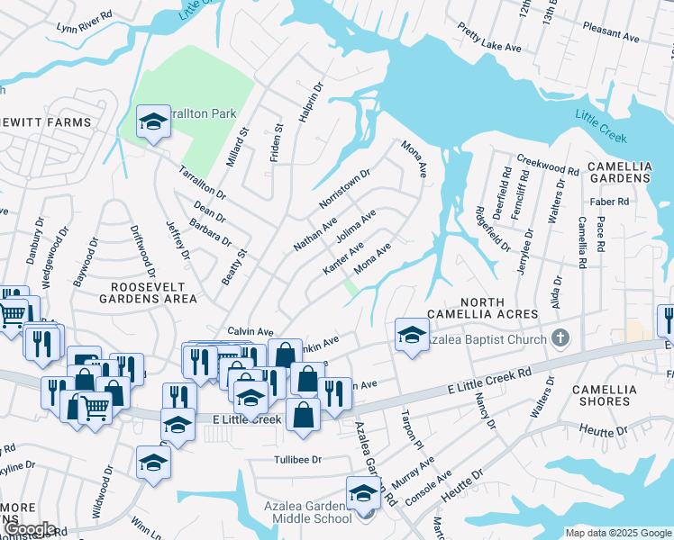 map of restaurants, bars, coffee shops, grocery stores, and more near 8237 Kanter Avenue in Norfolk