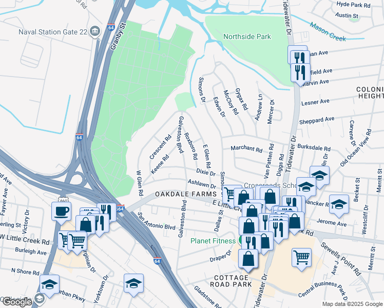 map of restaurants, bars, coffee shops, grocery stores, and more near 8011 Roxboro Road in Norfolk
