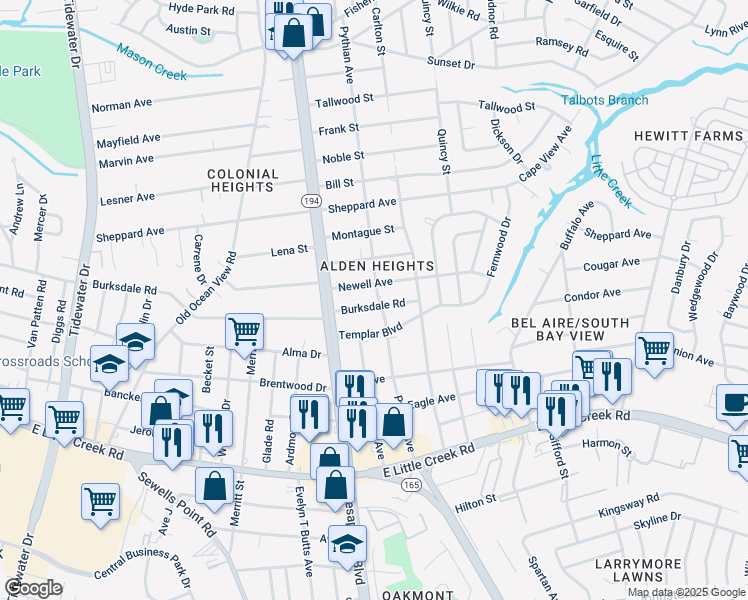 map of restaurants, bars, coffee shops, grocery stores, and more near 1140 Burksdale Road in Norfolk