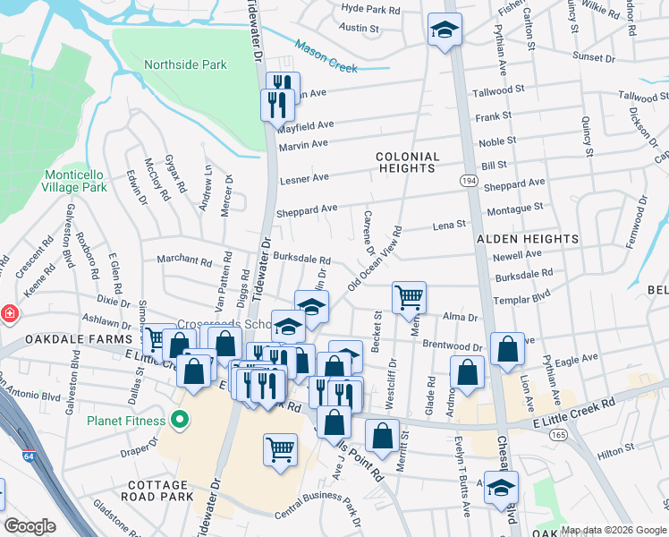 map of restaurants, bars, coffee shops, grocery stores, and more near 769 Burksdale Road in Norfolk