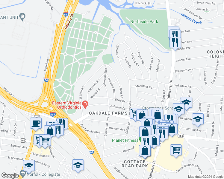 map of restaurants, bars, coffee shops, grocery stores, and more near 8011 Roxboro Road in Norfolk