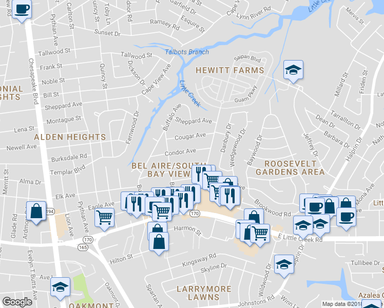 map of restaurants, bars, coffee shops, grocery stores, and more near 1645 Condor Avenue in Norfolk