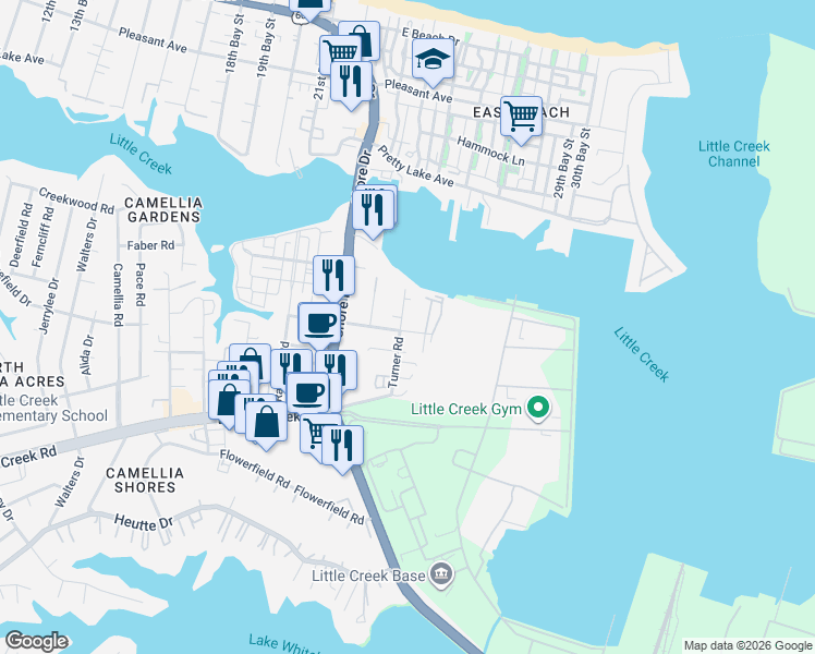 map of restaurants, bars, coffee shops, grocery stores, and more near 8104 Turner Road in Norfolk
