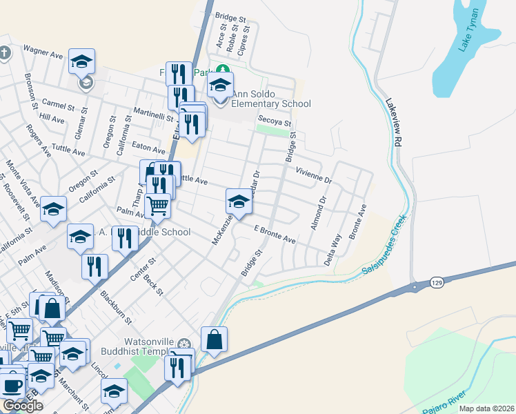 map of restaurants, bars, coffee shops, grocery stores, and more near 560 Cedar Drive in Watsonville