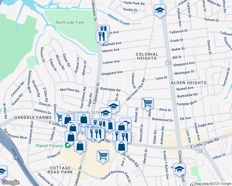 map of restaurants, bars, coffee shops, grocery stores, and more near 8141 Foxdale Drive in Norfolk