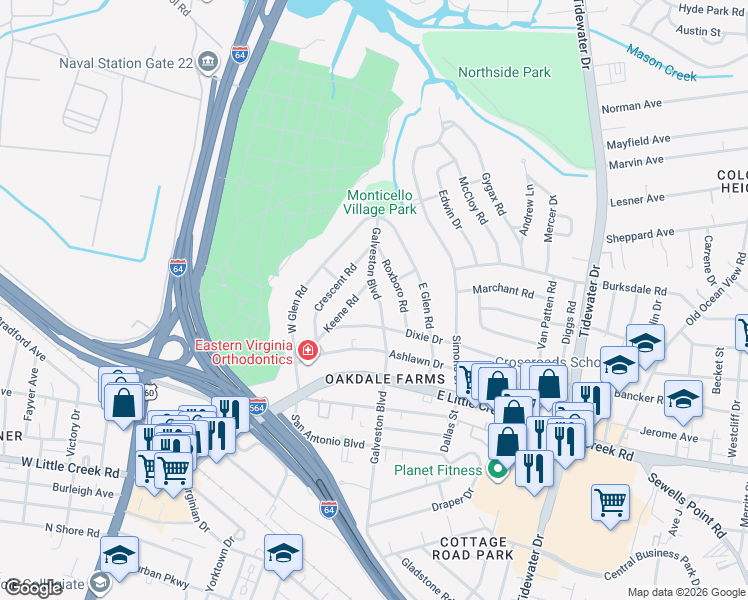 map of restaurants, bars, coffee shops, grocery stores, and more near 8019 Keene Road in Norfolk