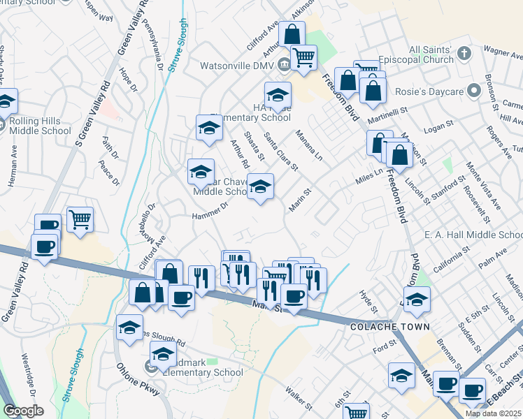 map of restaurants, bars, coffee shops, grocery stores, and more near 440 Arthur Road in Watsonville