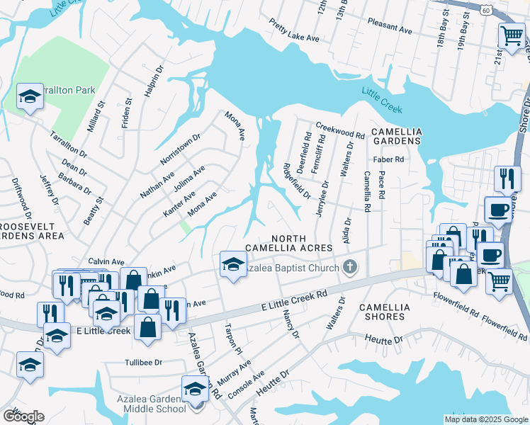 map of restaurants, bars, coffee shops, grocery stores, and more near in Norfolk