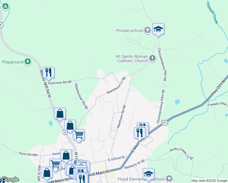 map of restaurants, bars, coffee shops, grocery stores, and more near 388 Needmore Lane Northeast in Floyd