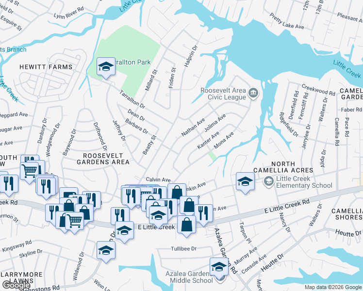 map of restaurants, bars, coffee shops, grocery stores, and more near 8209 Jolima Avenue in Norfolk