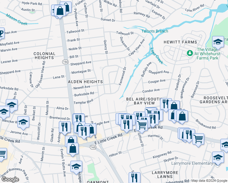 map of restaurants, bars, coffee shops, grocery stores, and more near 1328 Templar Boulevard in Norfolk