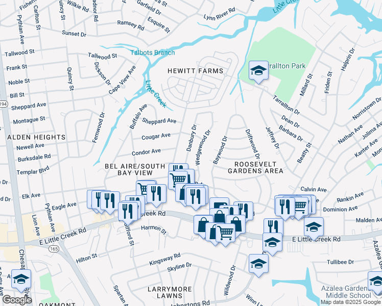 map of restaurants, bars, coffee shops, grocery stores, and more near 8030 Danbury Drive in Norfolk