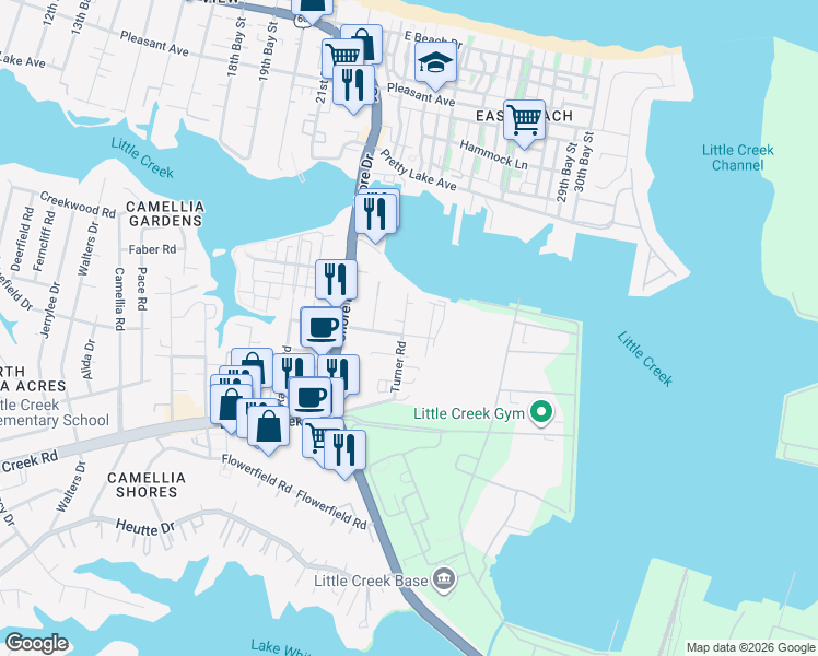map of restaurants, bars, coffee shops, grocery stores, and more near 8104 Turner Road in Norfolk