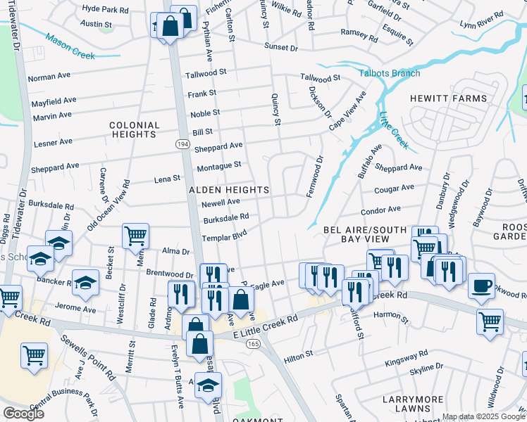 map of restaurants, bars, coffee shops, grocery stores, and more near 8204 Redwood Circle in Norfolk