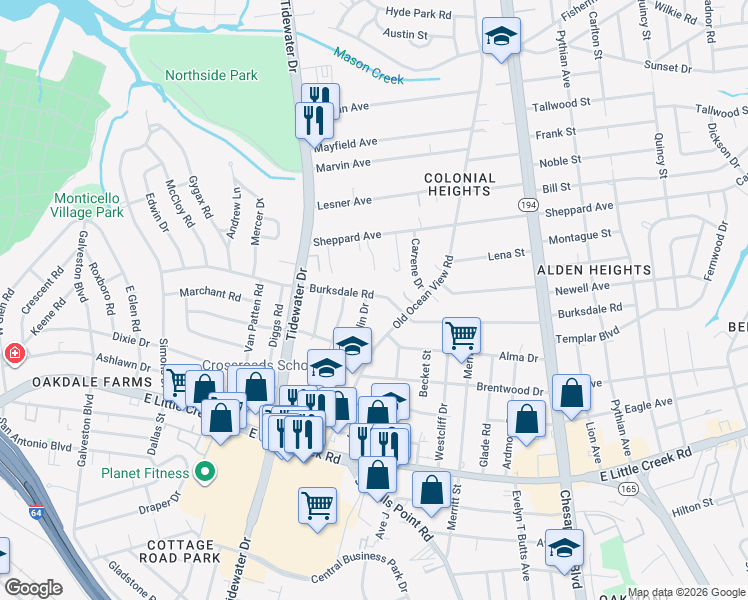 map of restaurants, bars, coffee shops, grocery stores, and more near 769 Burksdale Road in Norfolk