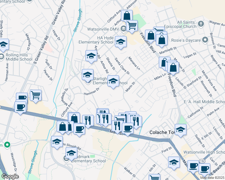 map of restaurants, bars, coffee shops, grocery stores, and more near 440 Arthur Road in Watsonville