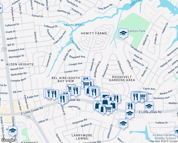 map of restaurants, bars, coffee shops, grocery stores, and more near 8050 Meadow Creek Road in Norfolk