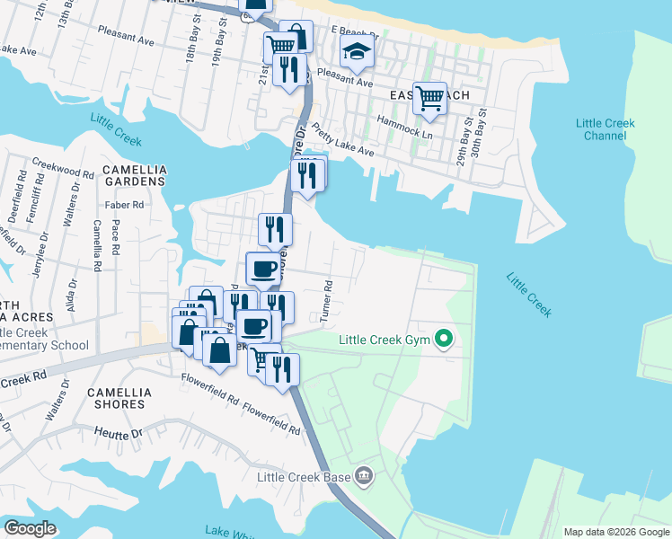 map of restaurants, bars, coffee shops, grocery stores, and more near 8104 Turner Road in Norfolk