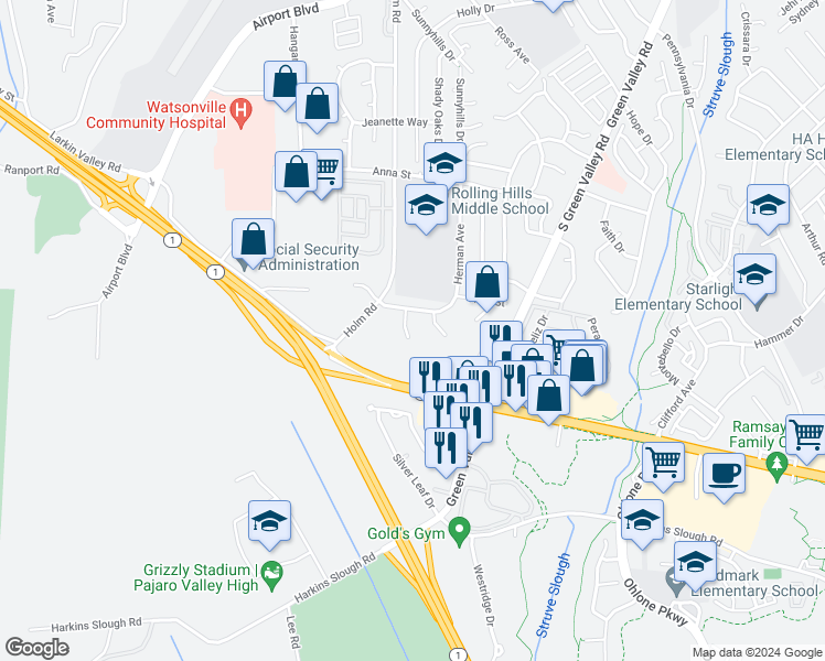 map of restaurants, bars, coffee shops, grocery stores, and more near 15 Eileen Street in Watsonville