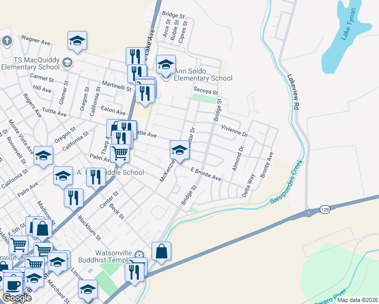 map of restaurants, bars, coffee shops, grocery stores, and more near 560 Cedar Drive in Watsonville