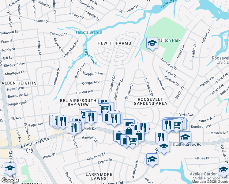 map of restaurants, bars, coffee shops, grocery stores, and more near 8057 Wedgewood Drive in Norfolk