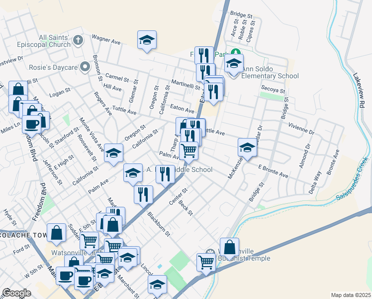 map of restaurants, bars, coffee shops, grocery stores, and more near 717 California 152 in Watsonville