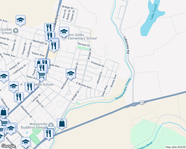 map of restaurants, bars, coffee shops, grocery stores, and more near 463 Tuttle Avenue in Watsonville
