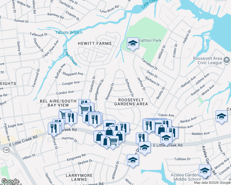 map of restaurants, bars, coffee shops, grocery stores, and more near 1811 Dellwood Drive in Norfolk