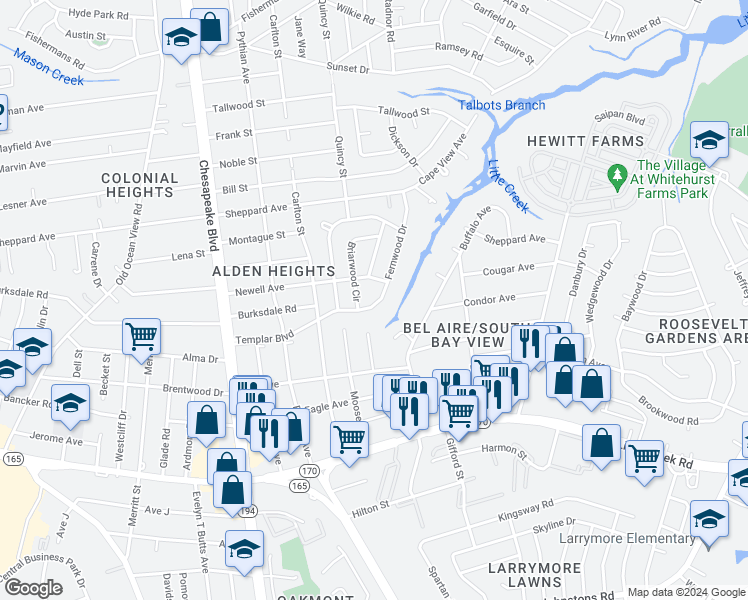 map of restaurants, bars, coffee shops, grocery stores, and more near 8201 Fernwood Drive in Norfolk