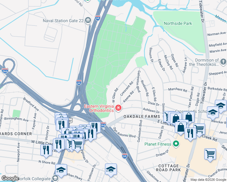 map of restaurants, bars, coffee shops, grocery stores, and more near 8021 West Glen Road in Norfolk