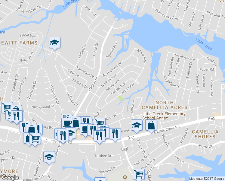 map of restaurants, bars, coffee shops, grocery stores, and more near 8237 Kanter Avenue in Norfolk